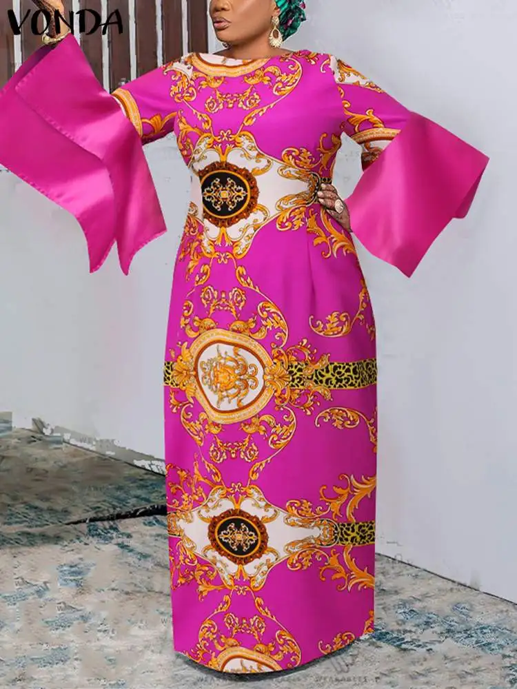 

VONDA Bohemian Maxi Dress 2022 Fashion Women Long Flare Sleeve Printed Patchwrok Evening Dress Vintage Pleated Maxi Robe Femme