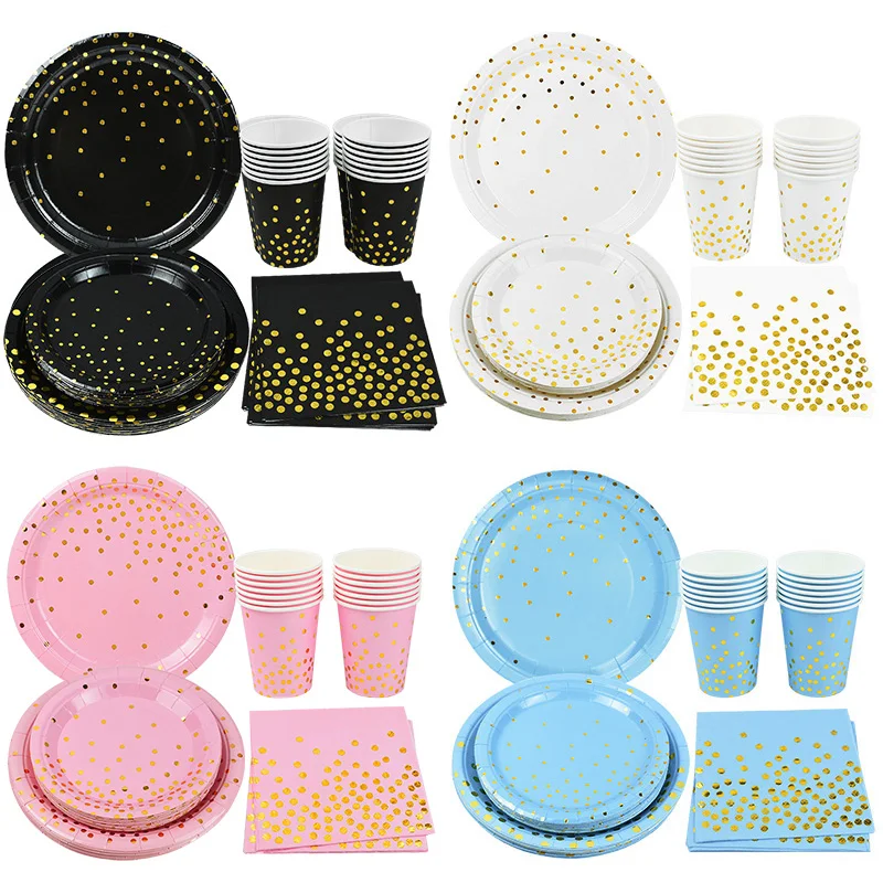 

40Pcs Disposable Party Tableware Set Gold Disposable Cups Plates Paper Napkins for Wedding Adult Kids Birthday Party Decorations