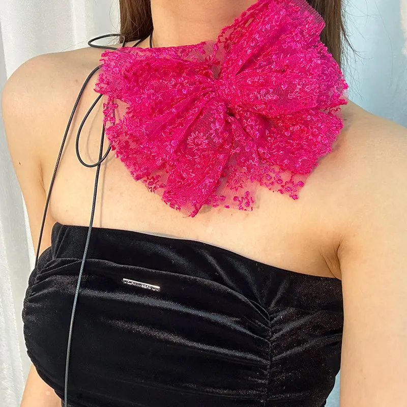 Vintage Handmade Lace Embroidery Bowknot Big Flower Clavicle Chain Necklace Women Adjustable Choker Dinner Party Neck Jewelry