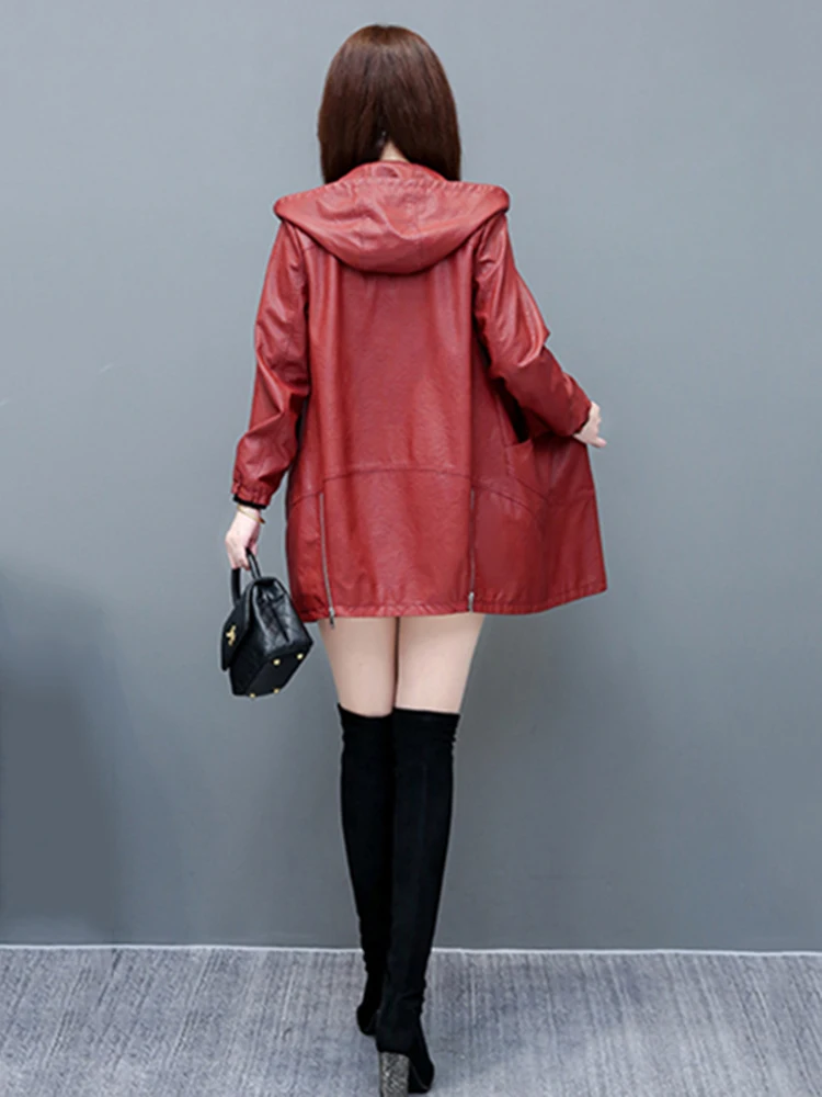 New Women Hooded Leather Jacket Spring Autumn Casual Fashion Long Sleeve Loose Sheepskin Coat Mid-Long Outerwear Split Leather
