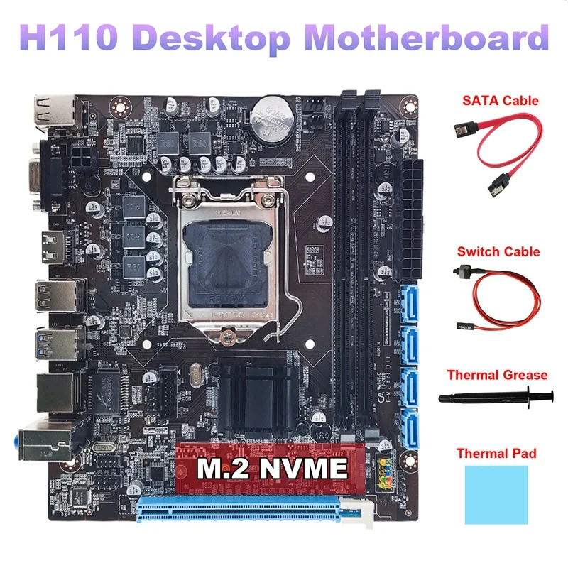 

H110 Desktop Motherboard+SATA Cable+Switch Cable+Thermal Grease+Thermal Pad DDR4 LGA1151 For 6/7/8Th CPU