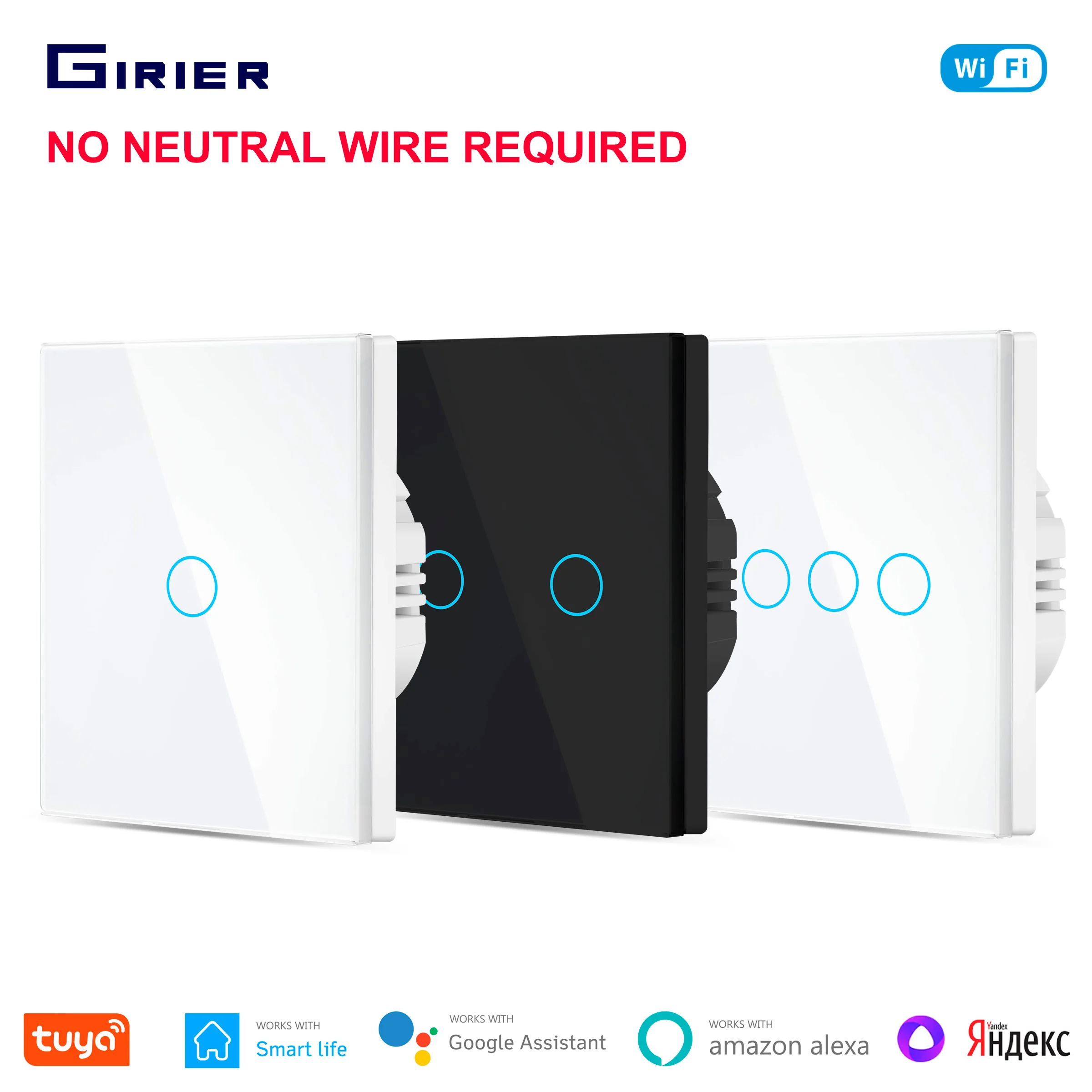 

GIRIER Smart Wifi Light Switch No Neutral Wire Required Smart Touch Wall Switches EU 1/2/3 Gang Support Alexa Alice Google Home