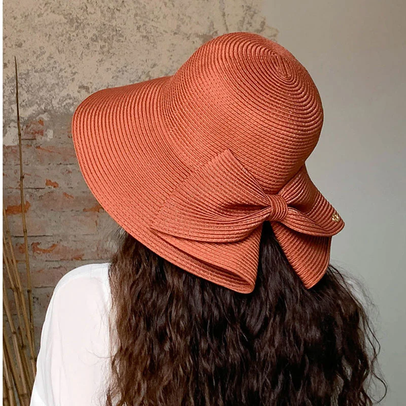 

Women Foldable Big Brim Floppy Girls Straw Sun Hat with Bowknot Elegant Protection Shading Fashion Beach Caps Bonnet