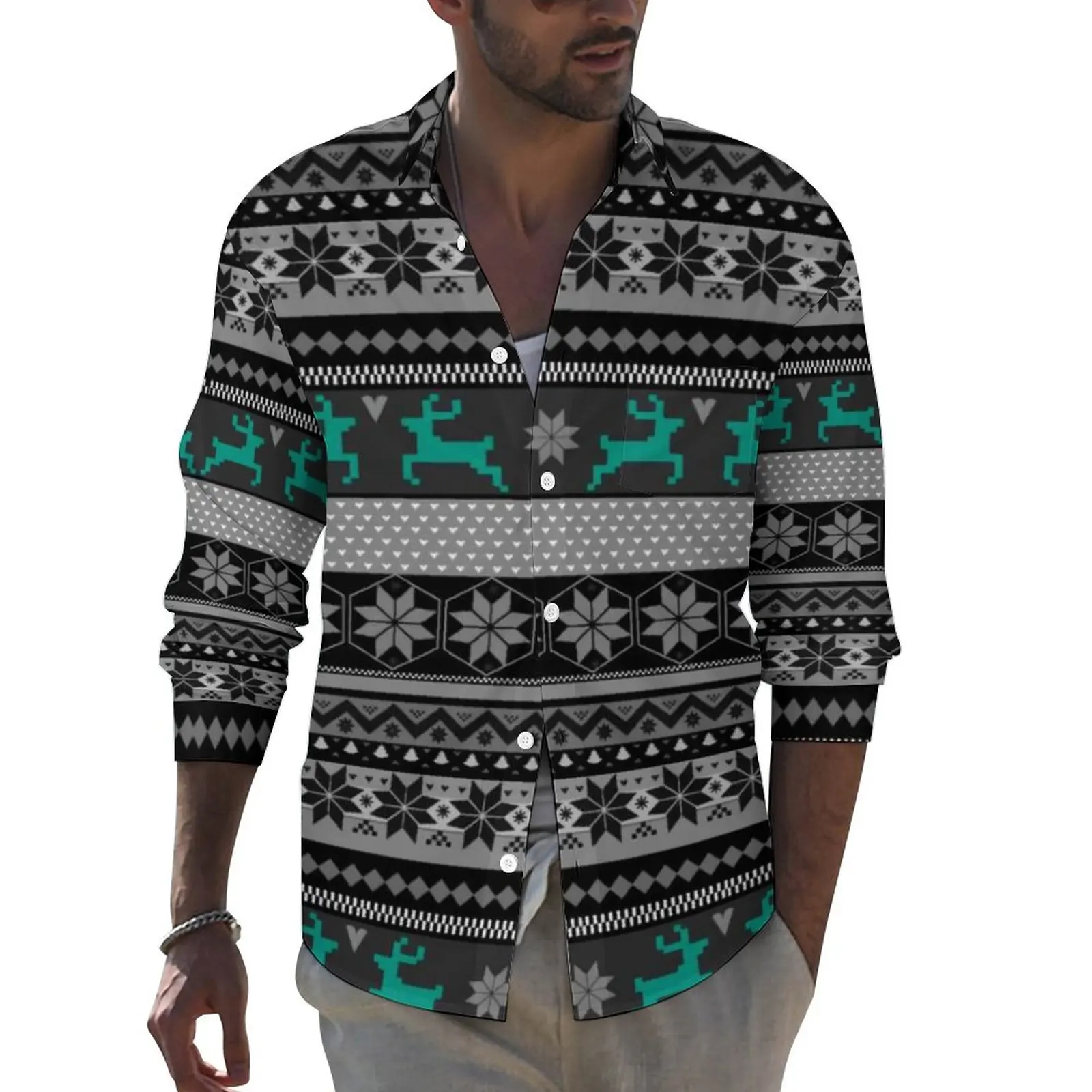 

Nordic Animal Shirt Spring Colorful Reindeer Casual Shirts Men Vintage Blouses Long Sleeve Printed Streetwear Clothing Big Size