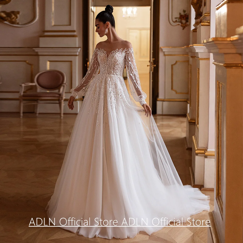 Фото Свадебное платье Vestidos De Novia, прозрачное свадебное платье с длинными рукавами и блестящей аппликацией из бисера, свадебное платье со шлейфом для невесты №1