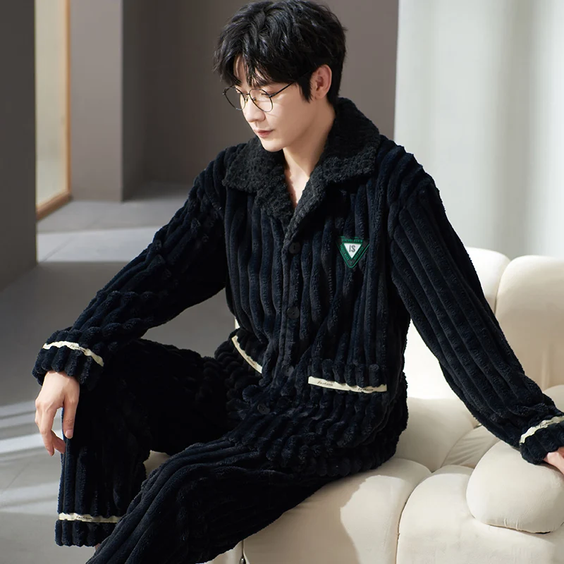 QUHENG Flannel Men's  Autumn 2022 Winter Thicken Warm Pajamas Sets Male Long Sleeve Trousers Nightgown Sleepwear Home Clothing