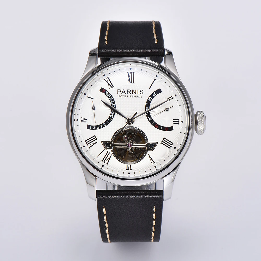 

New Parnis 43mm Silver Case Power Reserve ST 2505 Automatic Men Watches Leather Strap Calendar Watch Top Luxury Brand 2022 Clock