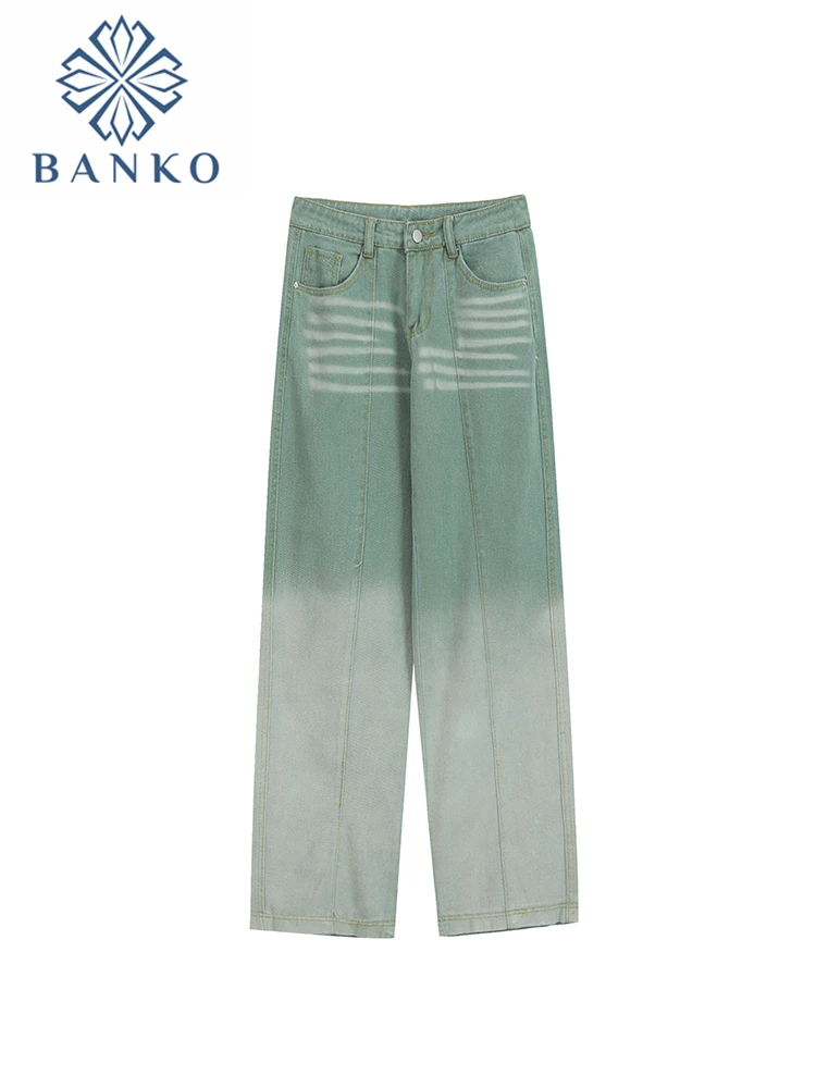 

Spring New Women Long Jeans Casual High Waist Pockets Loose Trousers Female Wide Leg Denim Pants Ladies Green Gradient Pants
