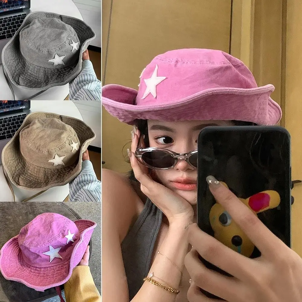 

Punk Cowboy Hat Pink Stars Foldable Sun Protection Cap Denim Large brim Glitter Western Hat Women Man