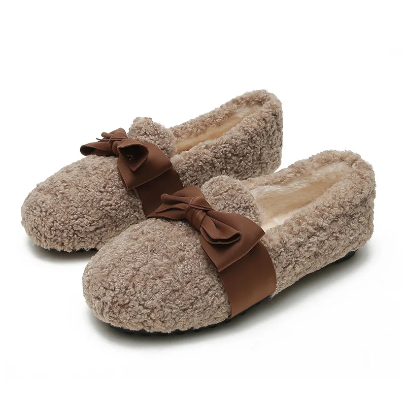 Woman Curly Fur Flats Silk Bow Plush Cotton Loafers Fleece Lambswool Moccasins Femmes Furry Boots Winter Warm White Wool Shoes