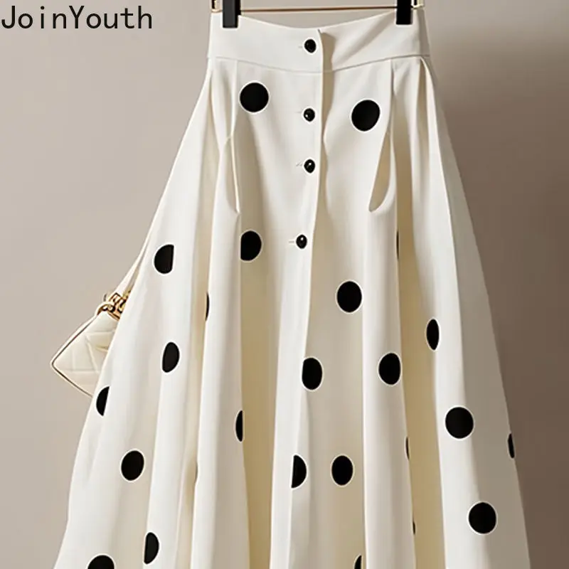 Женская белая юбка в горошек с высокой талией A-line Jupe Vintage Korean Saia Big Swing