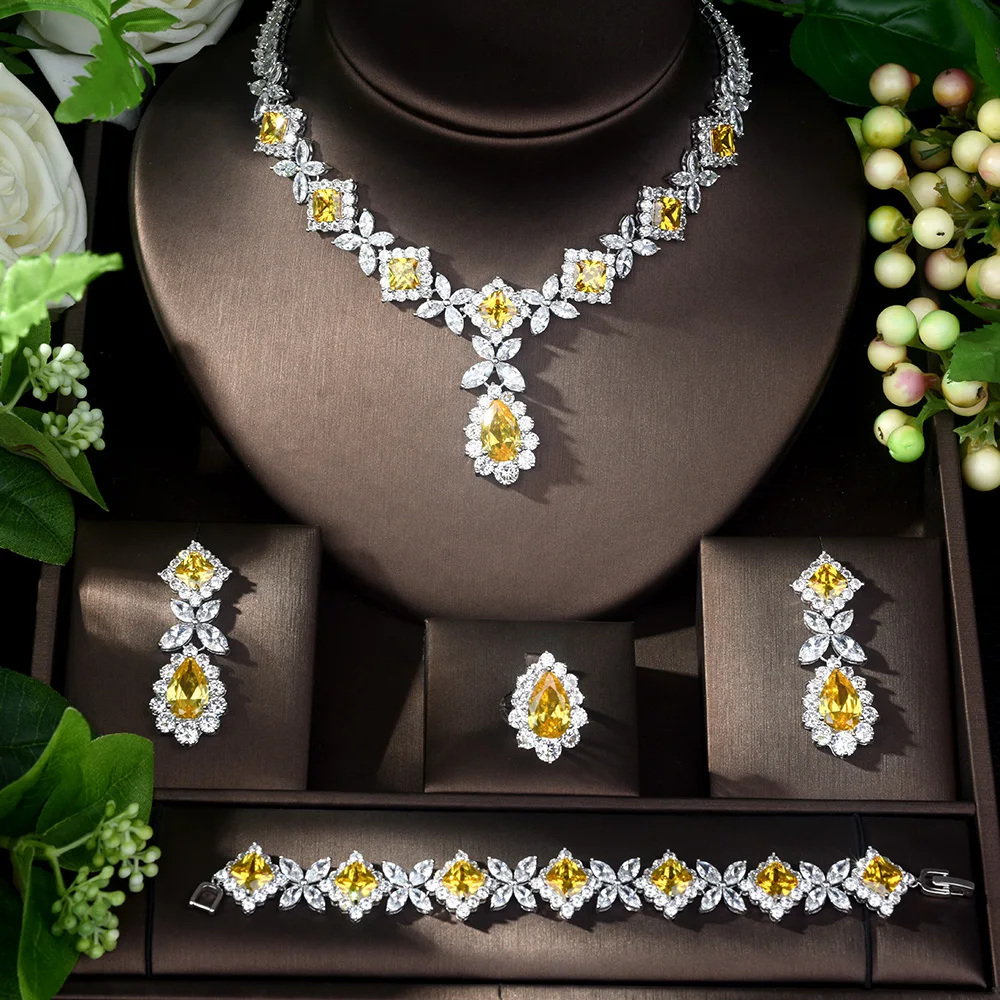 Fashion Hot-Sale AAA Cubic Zirconia Necklace Bracelet Earrings and Ring 4pcs Dubai Full Jewelry Set for Women Party Gift N-327