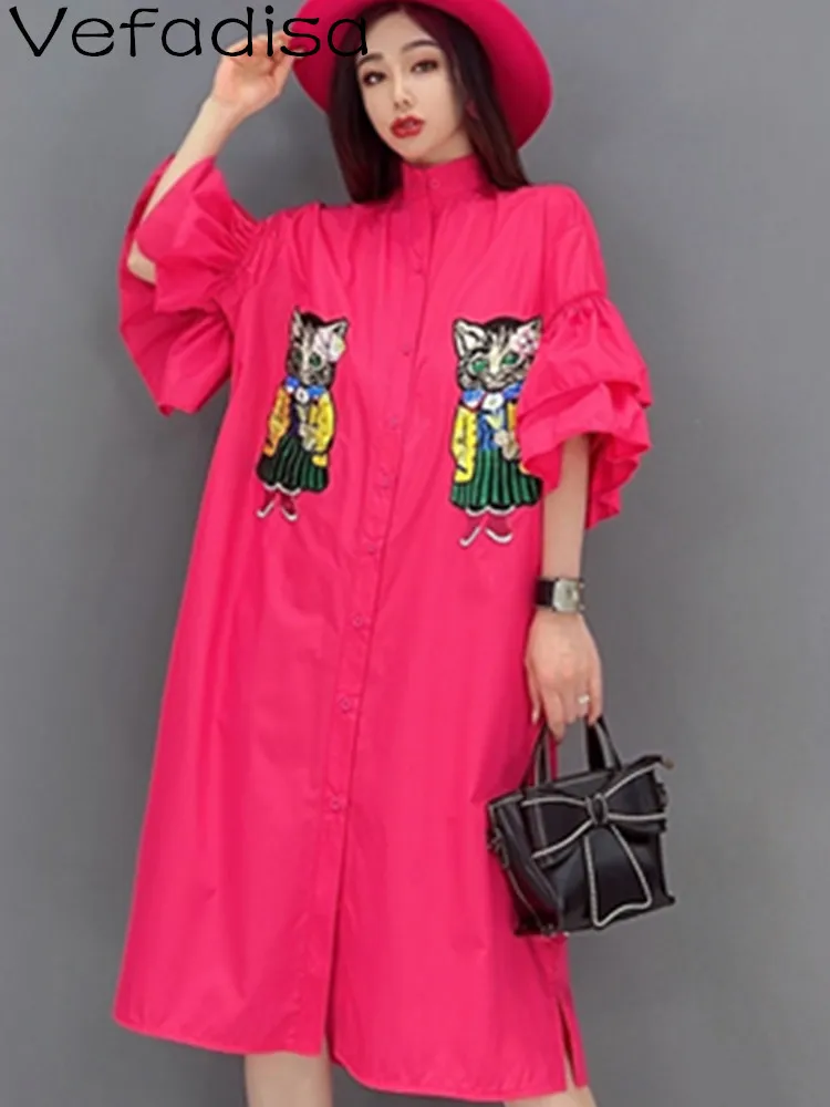 

Vefadisa 2023 Summer Turtleneck Petal Sleeve Dress Loose Mid-length Animal Printing Embroidery Cotton Flax Dress Women's LHX4198
