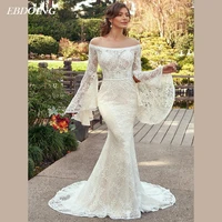 wedding dress mermaid lace boat neck for bride flare sleeves custom msde plus size with beading vestidos de novia