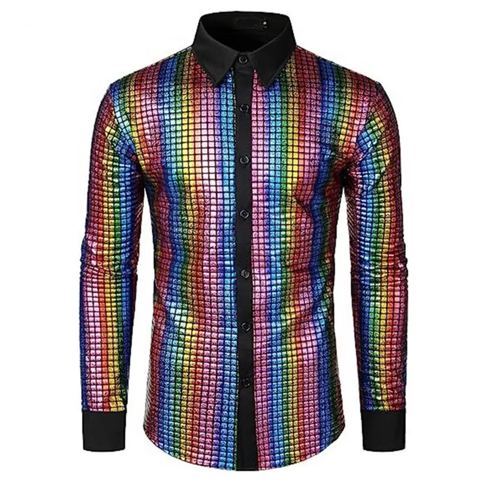 

Club Dance Men Shirt Sparkling Sequin Men's Shirts for Club Dance Stage Performances Stand Collar Single-breasted Long Sleeve