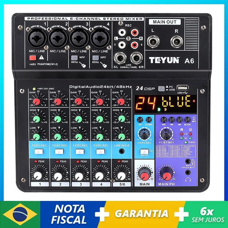 

TEYUN 6 Channel Professional Portable Mixer Sound Mixing Console Computer Input 48v Power Model Number Certification Origin A6
