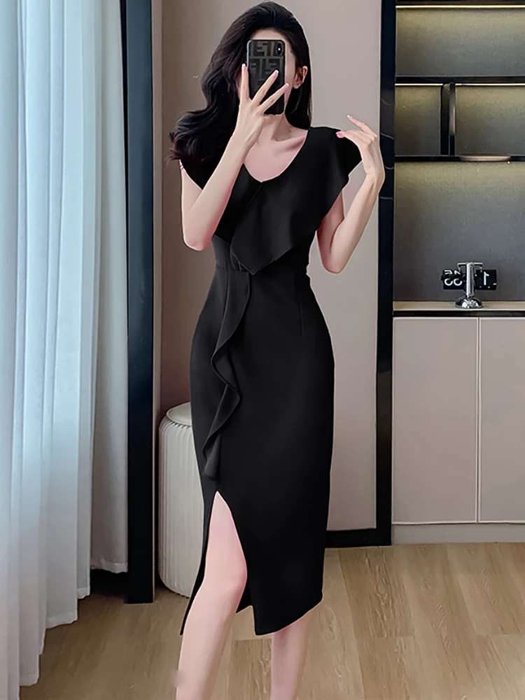 Женское однотонное элегантное платье с оборками и V-образным вырезом