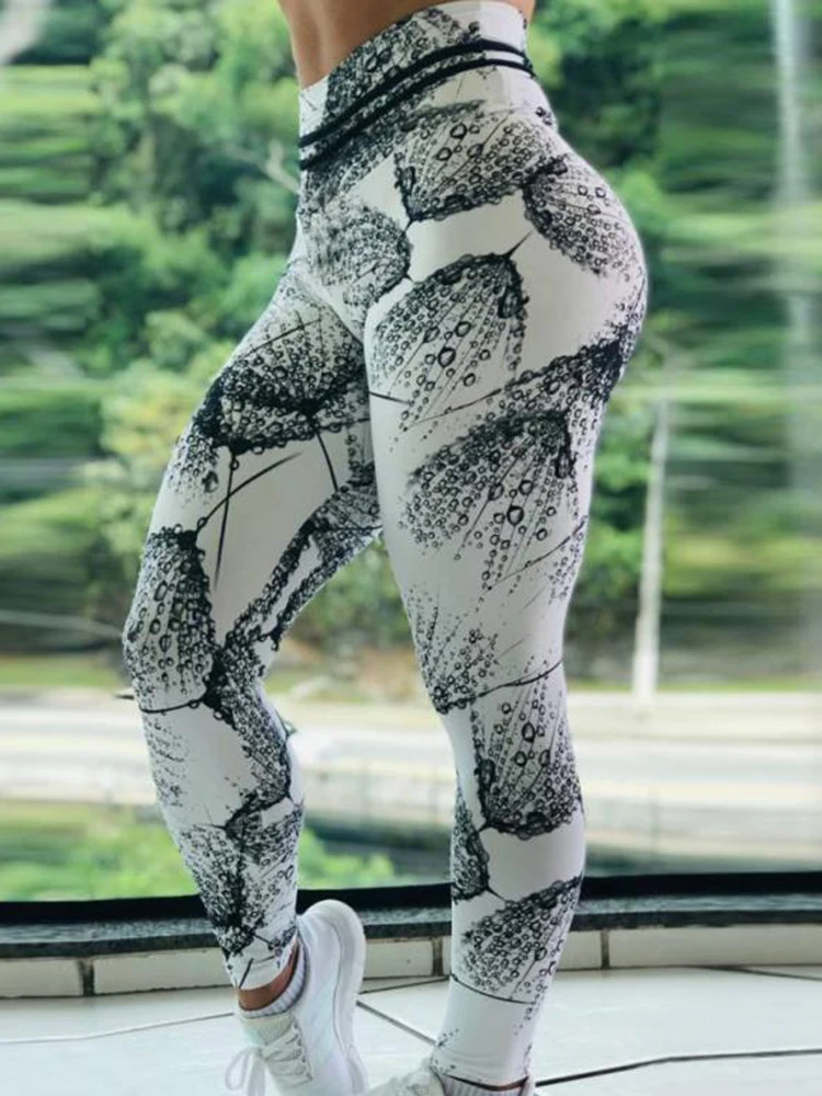 Fashion Sexy Leggings Push Up Gym Women Workout Jegging Feather Raindrop Printed Sports Fitness Leggins High Waist Yoga Pants
