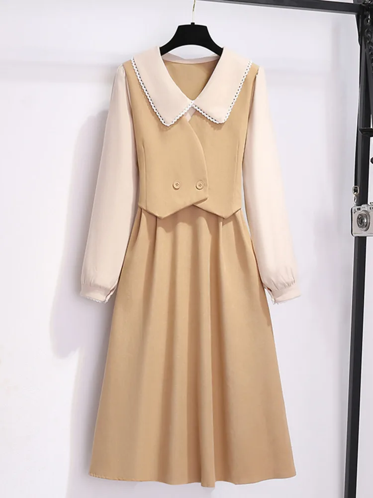 

Autumn Winter Dress Women Elegant Sweet Casual Korea Fashion Style Dress Turn-down Collar Ruffle Fake Two Piece Set Dress