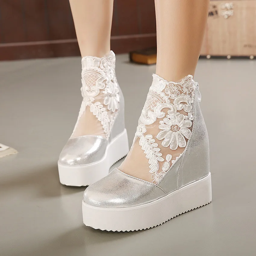 New Women Wedge Platform Black Rubber Lace Leather High heels Lace Sexy Shoes Pointed Toe Height Women's high heels White Silver