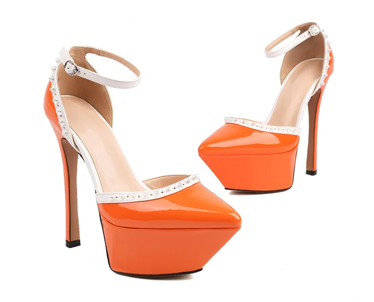 New Hot Pointed Toe Rivets Decorated Thick Sole Platform Gladiator Pumps Ladies Buckle Strap Thigh High Heels Dress Runway Shoes