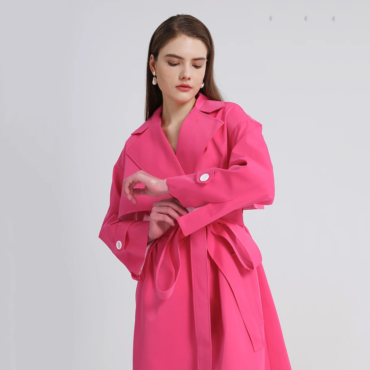 Модный Женский Тренч с завязкой на талии в розово-красном цвете