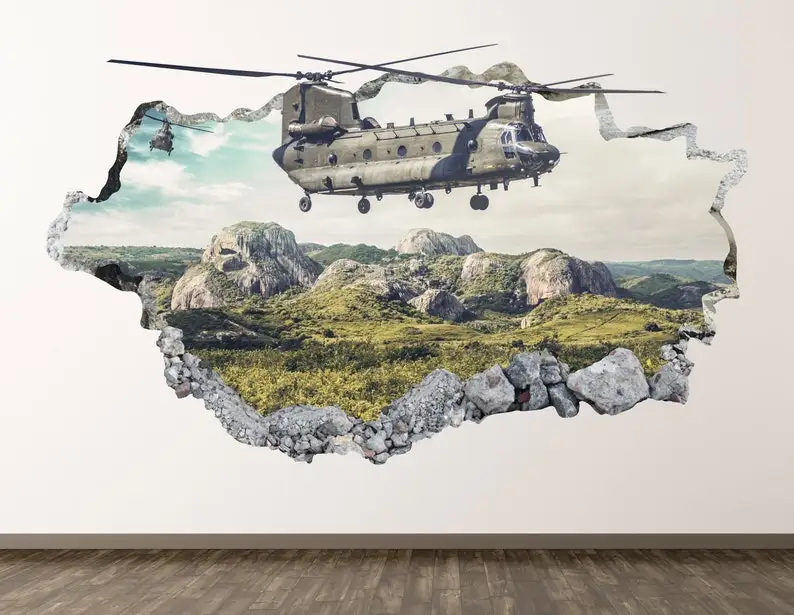 

Helicopter War Wall Decal - Army Soldiers 3D Smashed Wall Art Sticker Kids Decor Vinyl Mural Poster Personalized Gift KD432