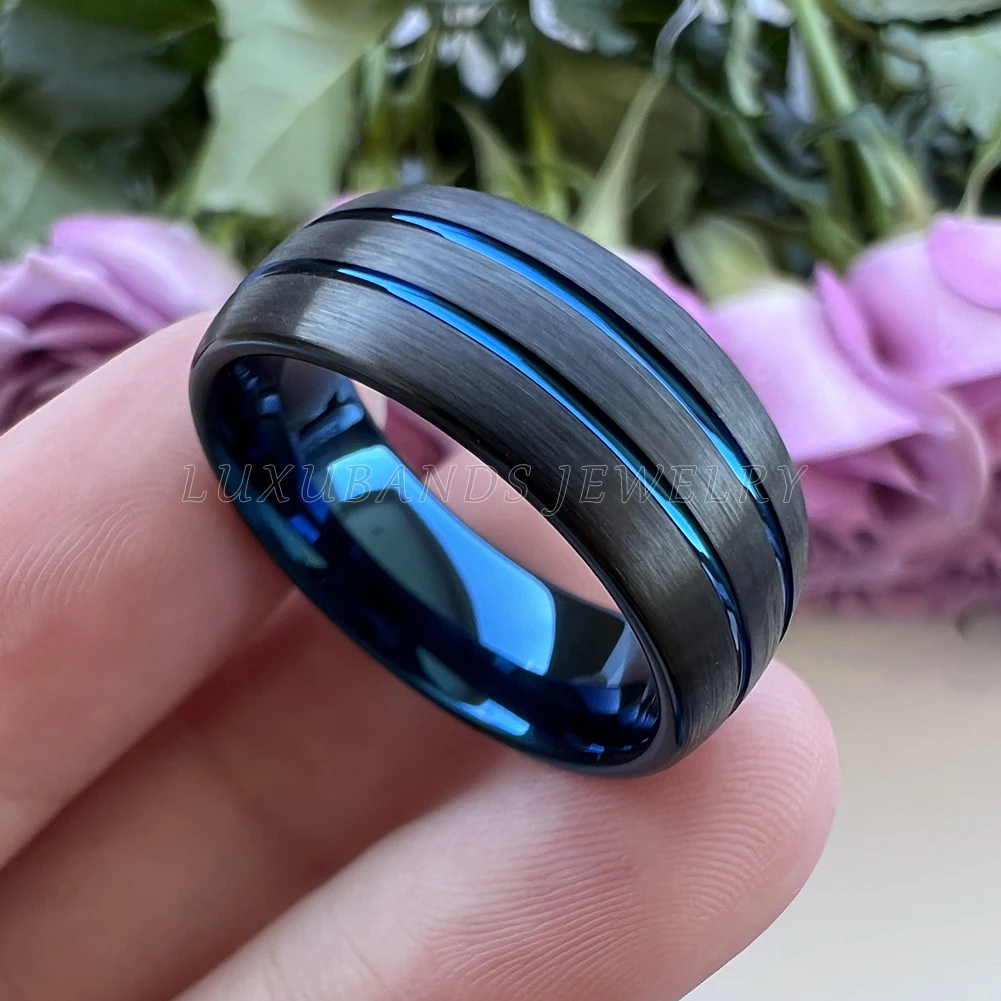 

Tungsten Wedding Ring For Men Wemen Engagement Dome Band Blue Trisection Grooved Black Brushed Finish High Quality Comfort Fit