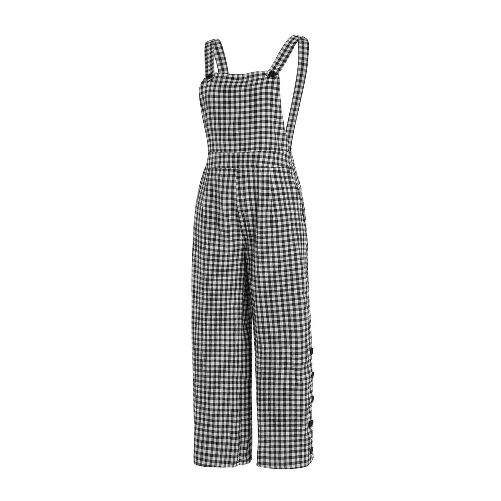 

Loose Plaid Print Elegant Female Jumpsuit Square Neck Sleeveless Workwear Long Women's Overalls 2022 Summer Fashion