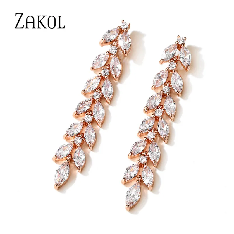

ZAKOL Luxury Statement Long Leaf Droplets Drop Earrings with Shiny Clear AAA Cubic Zirconia for Women Wedding Jwelry EP2964