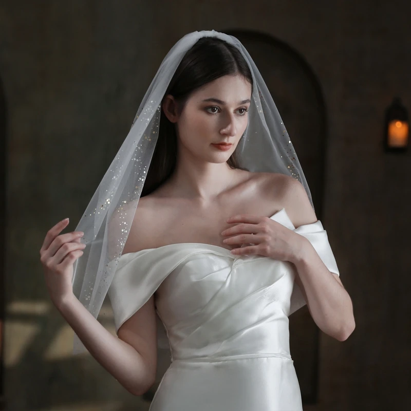 

Bridal Veil with Comb Elbow Length Tulle with Gold Sequins 1 Tier White