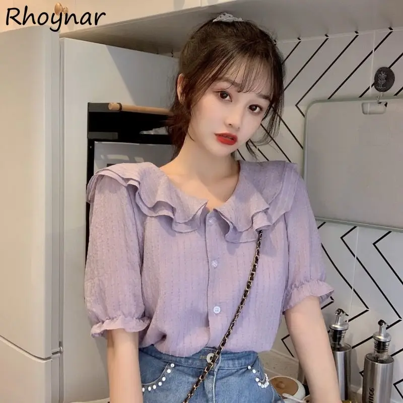 

Puff Sleeve Shirts Women Ruffles Peter Pan Collar Sweet Casual Summer Ulzzang Design Tender Holiday Mujer Рубашки Girlish Casual