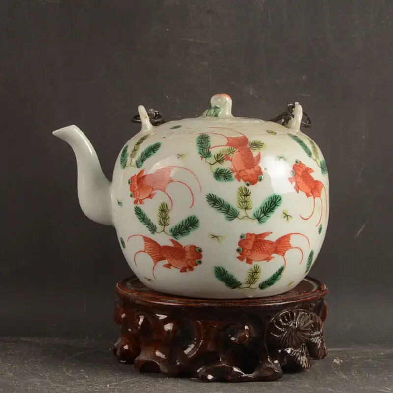 Китайский семейный розовый фарфор Qing Tongzhi рисунок золотой рыбки чайник 5,12 дюймов