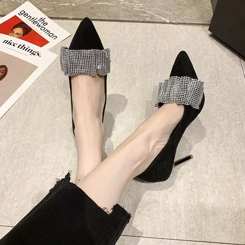 Black Rhinestone High Heels Women 2022 New Stiletto Net Red Temperament All-match Pointed Toe Banquet Women's Single Shoes