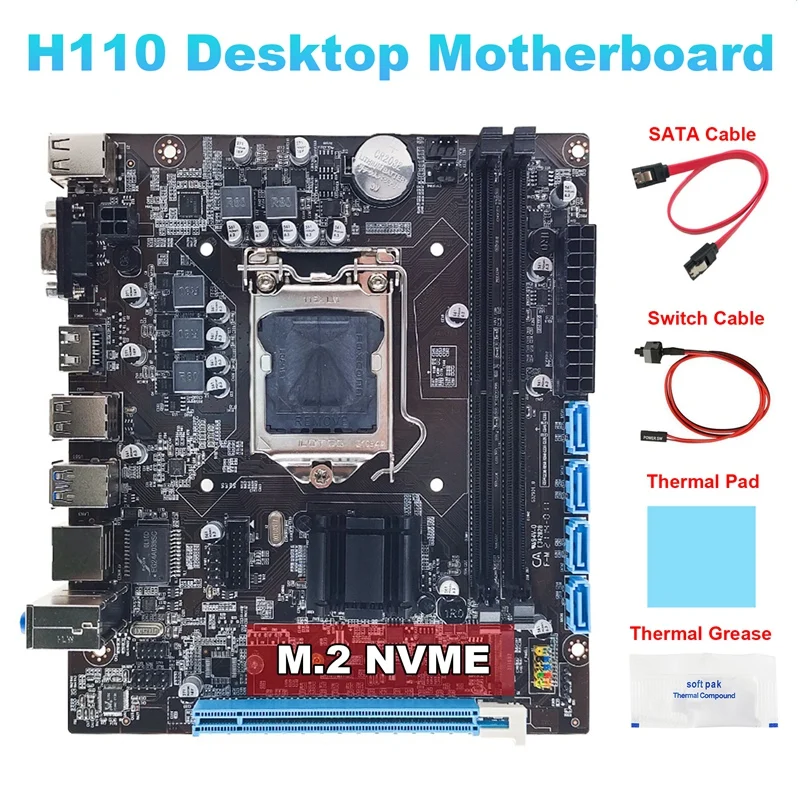 

H110 Desktop Motherboard+SATA Cable+Switch Cable+Thermal Grease+Thermal Pad LGA1151 DDR4 For 6/7/8Th CPU