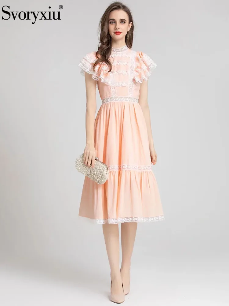 

Svoryxiu Runway Fashion Summer Gorgeous Elegant Dress Women's Butterfly Sleeve Lace Solid High Waist Holiday Slim Midi Dress