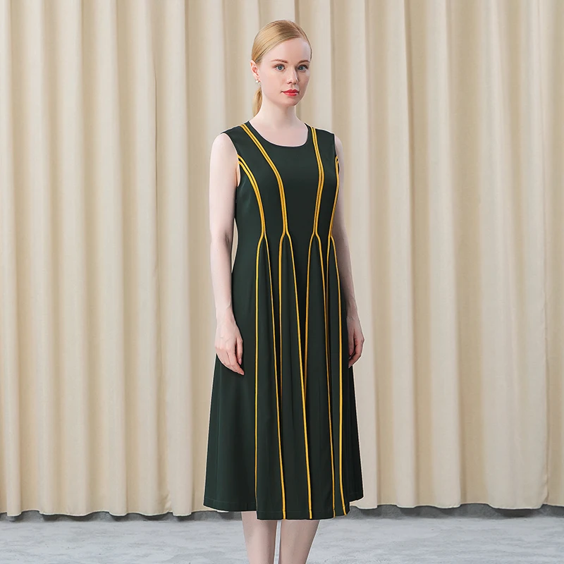 

Silk 36 M/m Heavy Micro-elastic Round Neck Stripe Sleeveless Business Commuting and Leisure Mid-length Dress for Women AE673