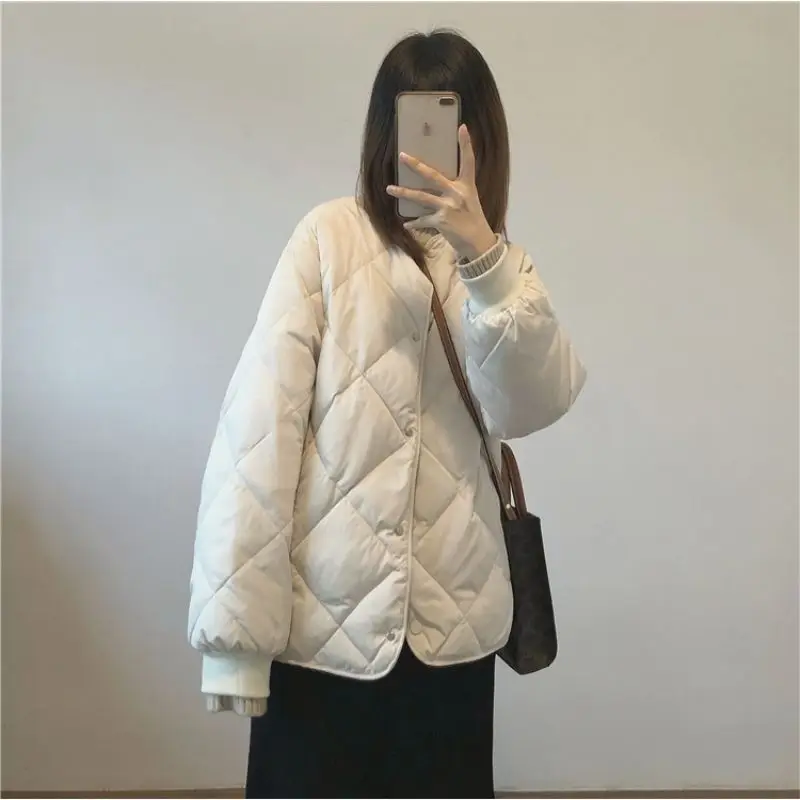 Korean Fashion Commuter Crewneck Cotton Parka Women's Short Parka's Diamond Lattice Brown  Collarless Jacket for Autumn  Winter