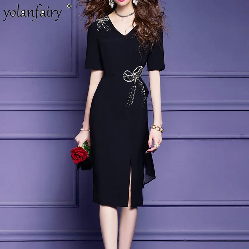 Black Dress Women Woman Summer Dress 2023 Beaded V-Neck Slim Fit Split Hip Wrap Midi Long One Step Dresses for Women Clothing FC