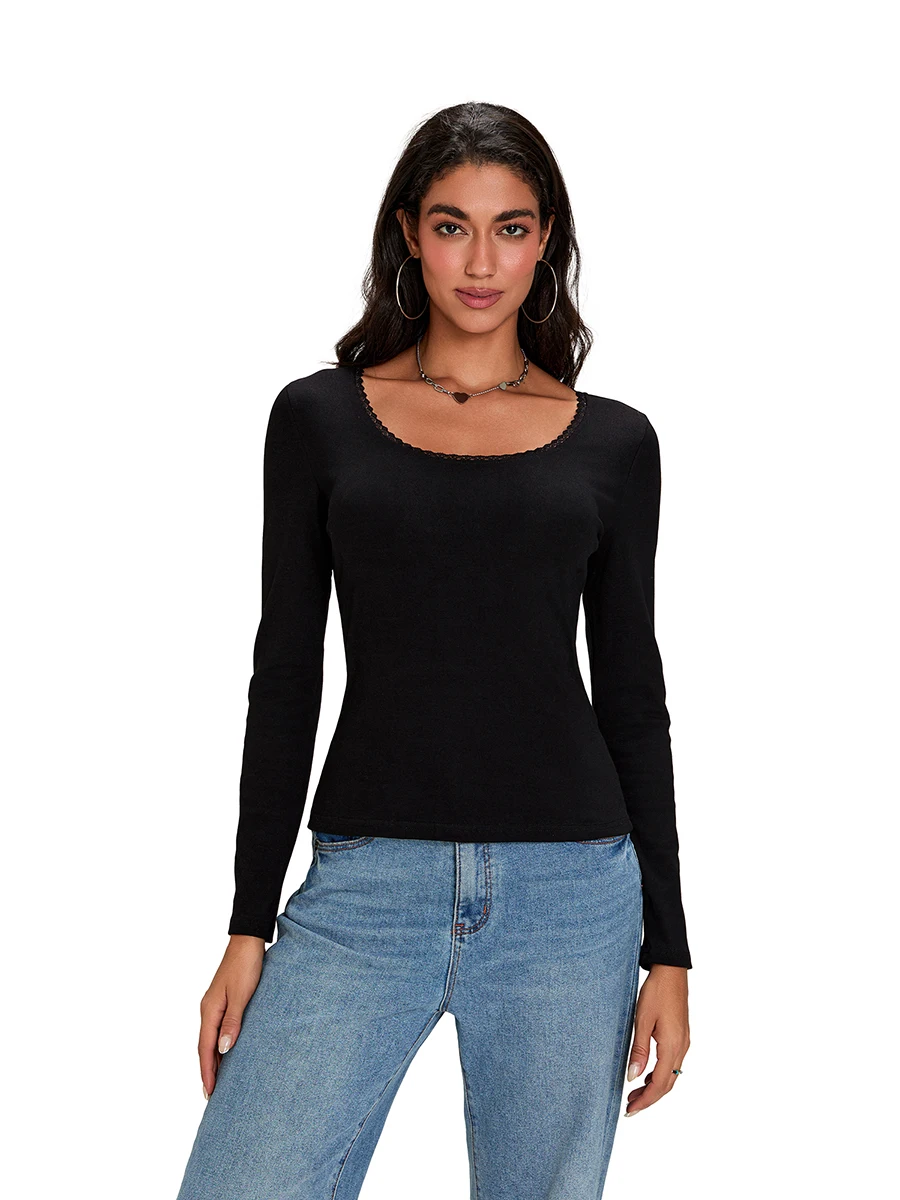 Женские футболки с длинным рукавом повседневные рубашки кружевной отделкой и