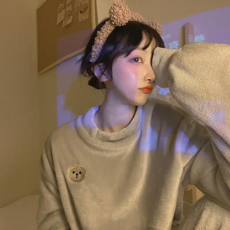 QWEEK Winter Women's Pajamas Gray Yellow Bear Embroidery Flannel Pijamas Round Neck Long Sleeved Trousers Pyjamas Sleepwear Cute