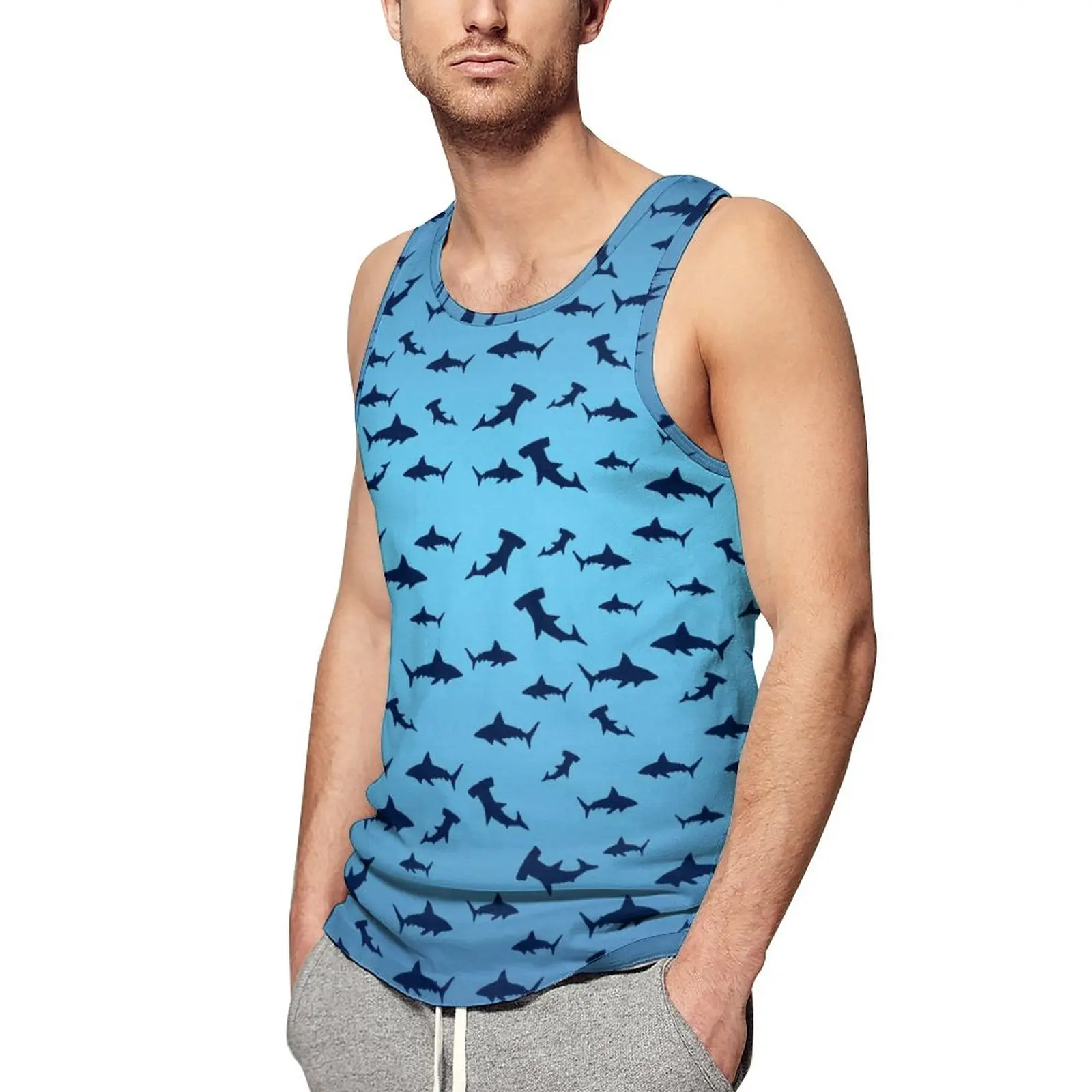 

Hammerhead Shark Tank Top Males Ocean Animal Print Tops Summer Graphic Gym Streetwear Oversized Sleeveless Shirts
