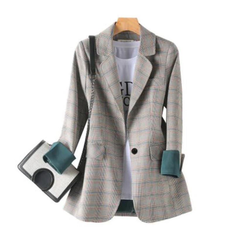 

Высококачественный клетчатый Блейзер, женские ВИНТАЖНЫЕ пальто, повседневный женский свободный офисный костюм с длинным рукавом, пальто, куртка, женские блейзеры