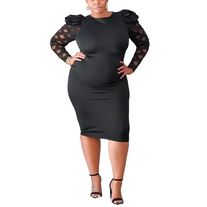 Plus Size Dresses for Women Black Large Bodycon High Waisted Full Sleeve Round Neck Mid Calf Elegant Oversized Autumn Dress Big