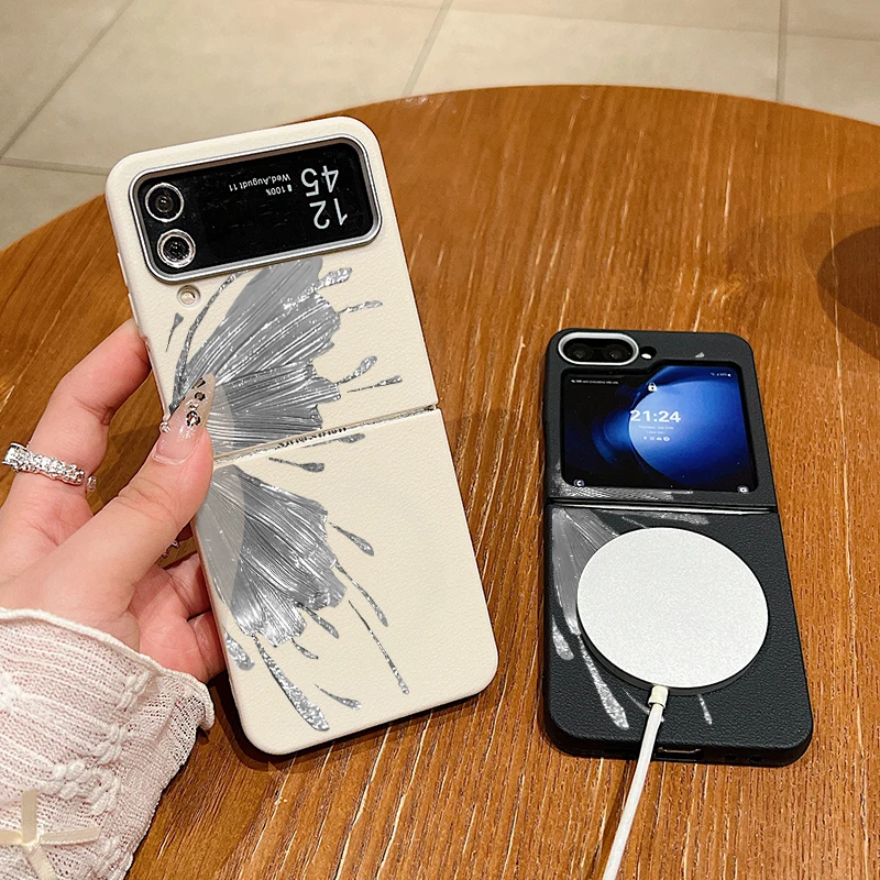 Серебряный чехол с крыльями бабочки для Samsung Galaxy Z Flip6 Flip5 Flip4 магнитный