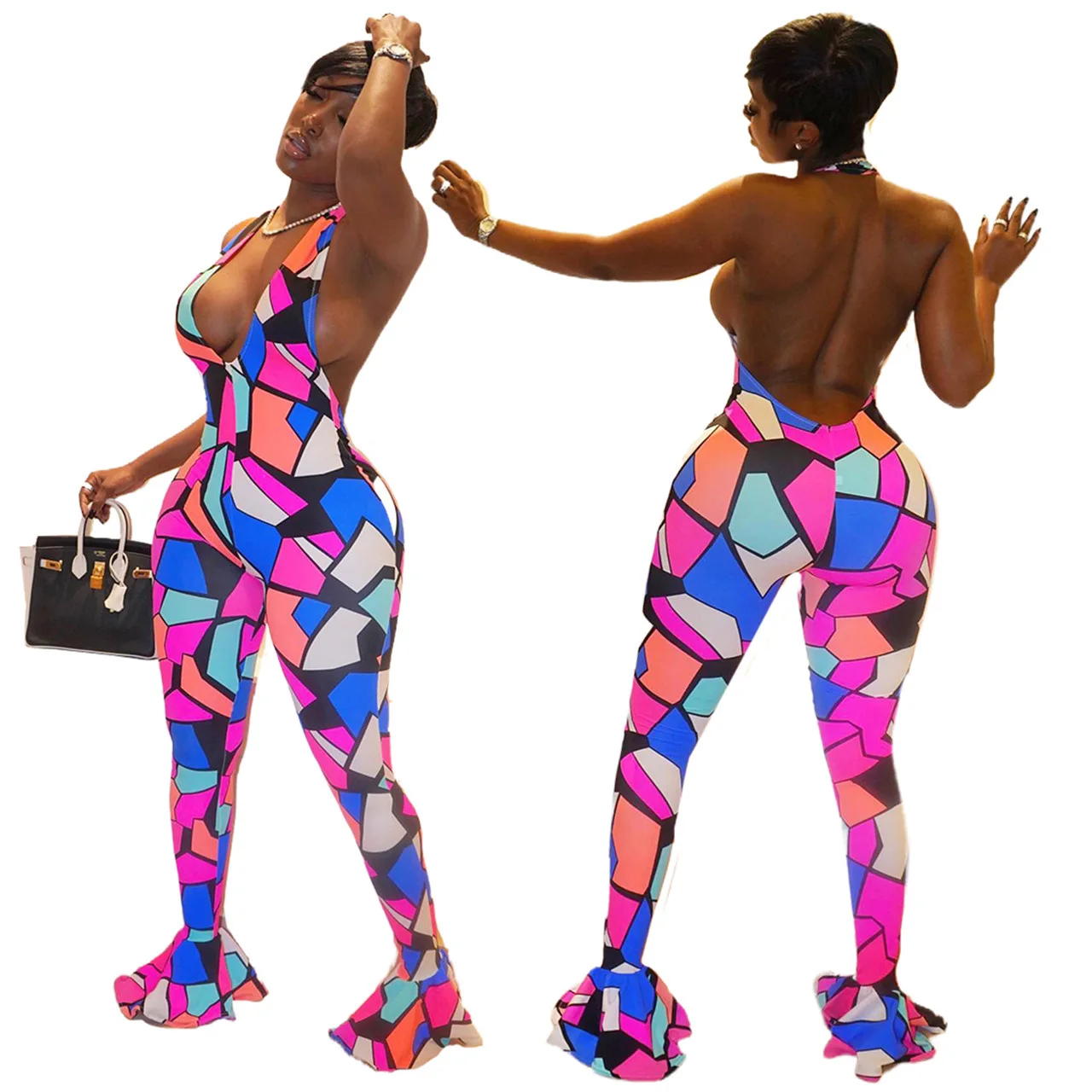 

2022 New Sexy Backless Fashion Printed Halter Wide Leg Jumpsuit Women's Rompers Overalls Mono Elegante Mujer