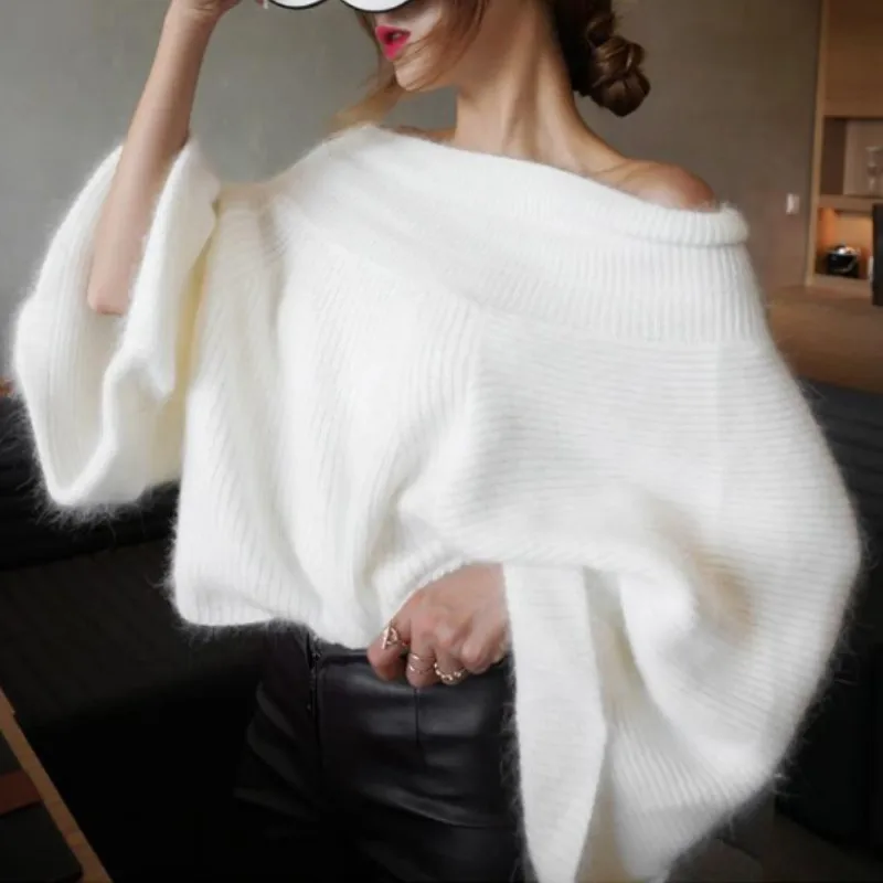 

2021 Sexy Off Shoulder Knitted Sweater Women Solid Loose Flare Sleeve Pullover Jumpers Female Elegant Mink Cashmere Sweater Pink