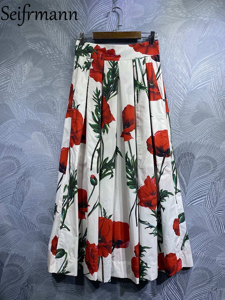 

Seifrmann High Quality Summer Women Fashion Runway A-Line Skirts High Waist Safflower Printed Ladies Long Cotton Skirts Bottoms
