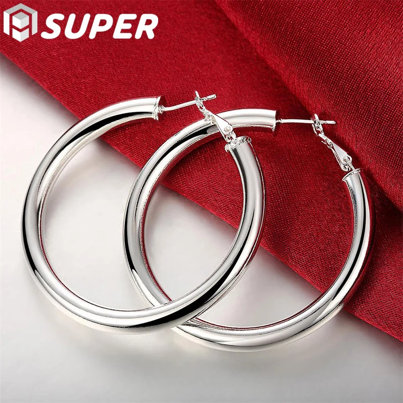 

925 Sterling Silver 50mm Round Smooth Big Circle Hoop Earrings For Woman Fashion Party Wedding Jewelry