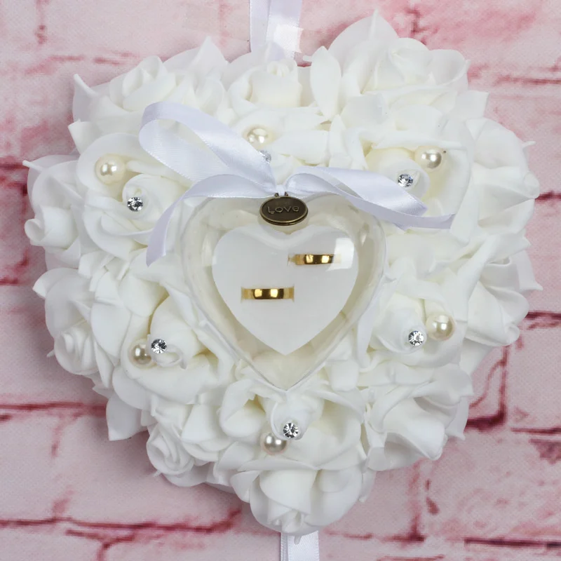 Laço de Cristal Petales de Rosa Casamento Branco Anel Travesseiro Rosa Coração Caixa Titular Decoração Mariage Bodas